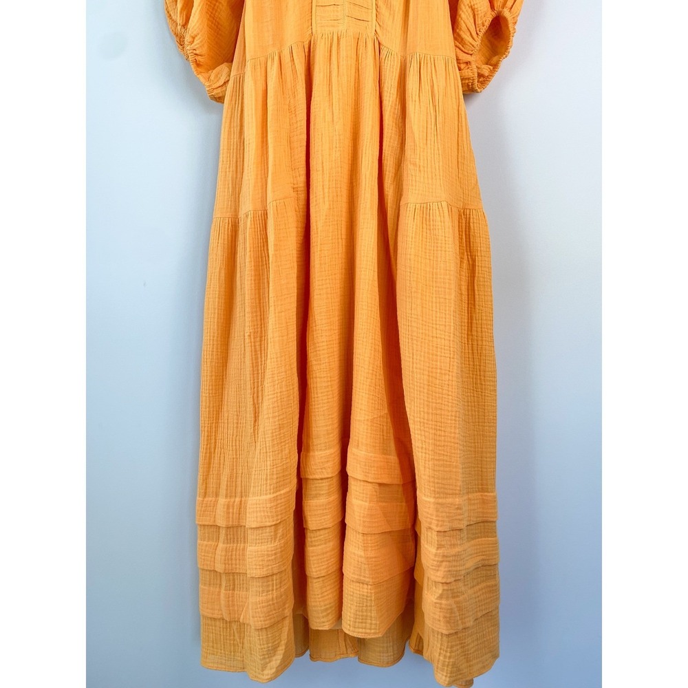 Draper James Chloe V Neck Midi Dress S Orange Crinkle Cotton Tiered Puff Sleeve - Picture 5 of 12